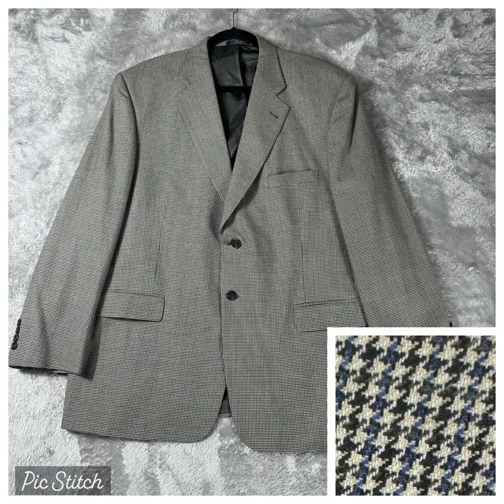 Stafford Sport Coat 46R‎ Merino Wool Houndstooth Two Button Classic Fit Blazer